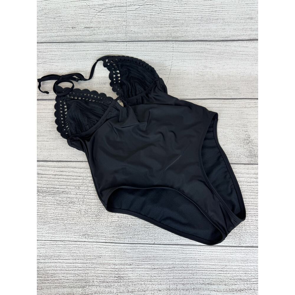 No Boundaries Black Crochet High Leg Cheeky One Piece Swimsuit Size Medium